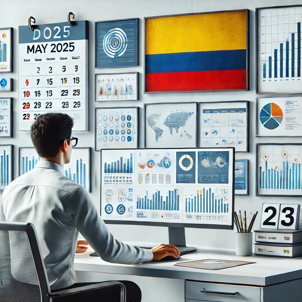Contador revisando reportes tributarios y documentos electrónicos DIAN 2025 en mayo