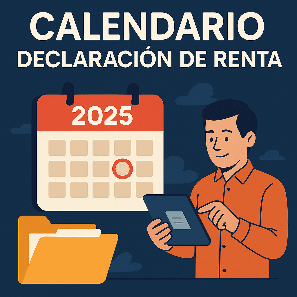 Hombre digitalizando documentos con un calendario 2025 marcado, ilustrando la declaración de renta para personas naturale