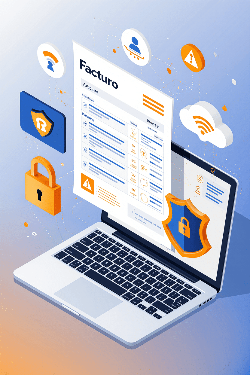 Factura electrónica en pantalla con íconos de seguridad y nube, colores corporativos de Facturo. Concepto de facturación electrónica DIAN.