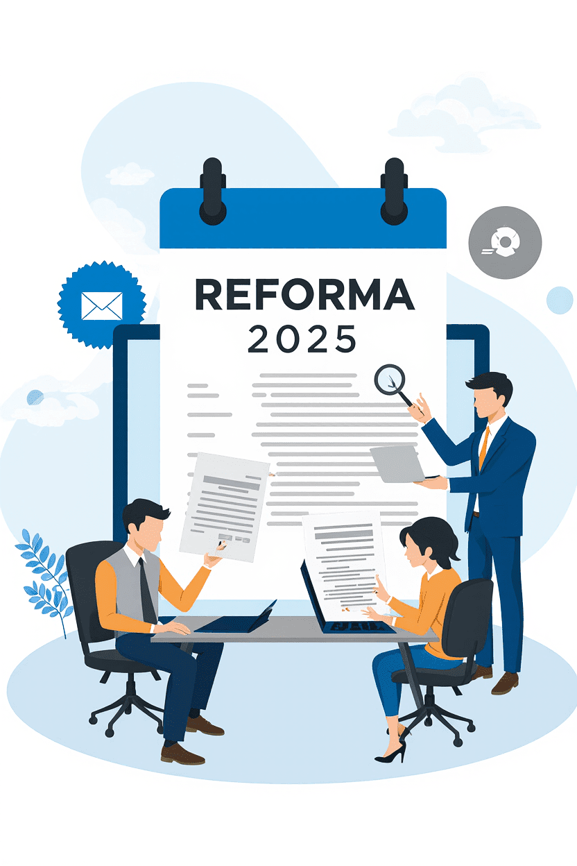 Ilustración de una oficina digital con empleados revisando nómina electrónica en el contexto de la reforma laboral 2025 en Colombia.