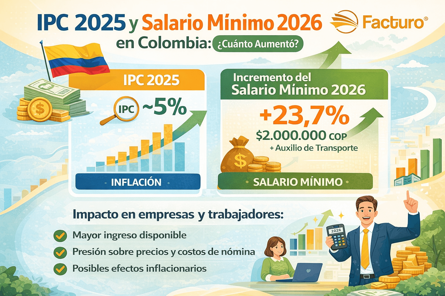 Infografía que compara el IPC 2025 con el aumento del salario mínimo 2026 en Colombia e impacto en empresas y trabajadores