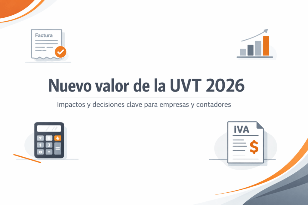 Portada de blog sobre el nuevo valor de la UVT 2026 en Colombia, con diseño corporativo y tecnológico, enfocada en cambios tributarios, impacto fiscal para empresas y contadores colombianos, ilustración vectorial con factura electrónica, calculadora, gráfico financiero y documento de impuestos
