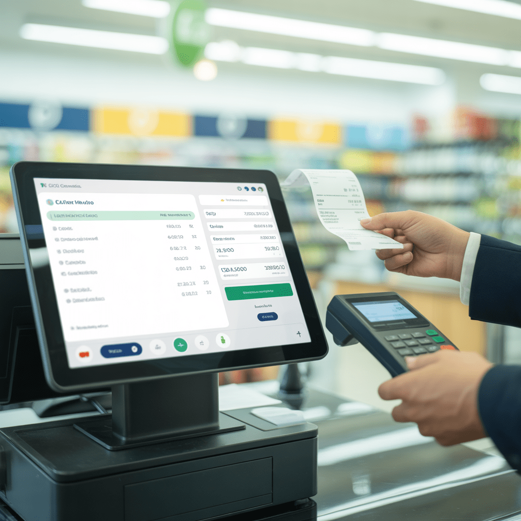 POS con facturación electrónica integrada en comercio moderno mostrando emisión de factura digital en pantalla.