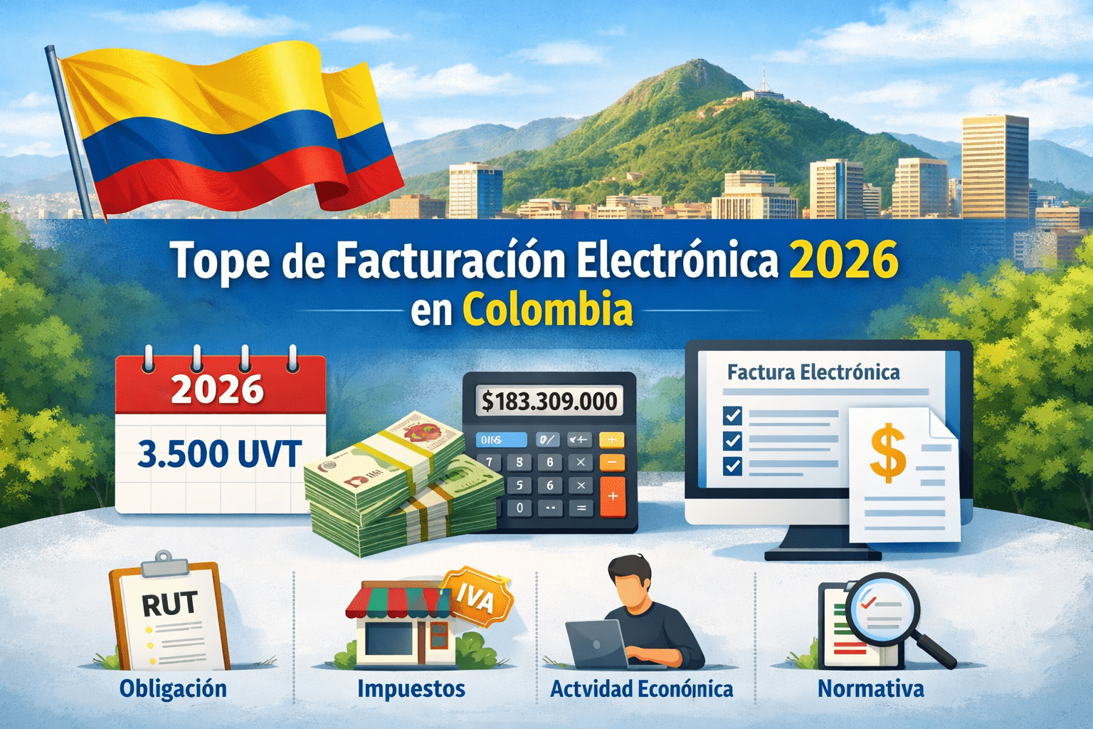 Ilustración sobre facturación electrónica 2026 en Colombia, mostrando la bandera colombiana, un calendario con 3.500 UVT, dinero en efectivo, calculadora con $183.309.000, computadora con factura electrónica y elementos que representan obligación tributaria, impuestos, actividad económica y normativa de la DIAN.