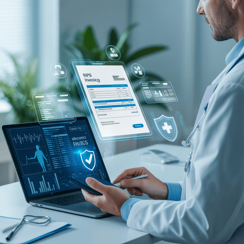 Facturación electrónica RIPS en salud: profesional médico usando sistema digital para gestionar datos clínicos y facturación en Colombia