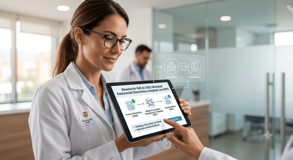 Médica en una clínica revisando una tableta digital que muestra la integración de la Facturación Electrónica y los RIPS bajo la Resolución 948 de 2026 de Minsalud en Colombia.