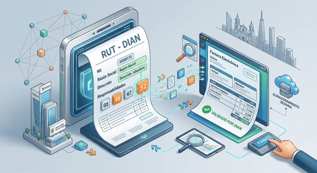 Ilustración digital sobre obligaciones del RUT para factura electrónica en Colombia, mostrando un documento del RUT con los códigos de responsabilidad 52, 48, 47 y 05 conectándose a una pantalla con una factura digital validada por la DIAN.
