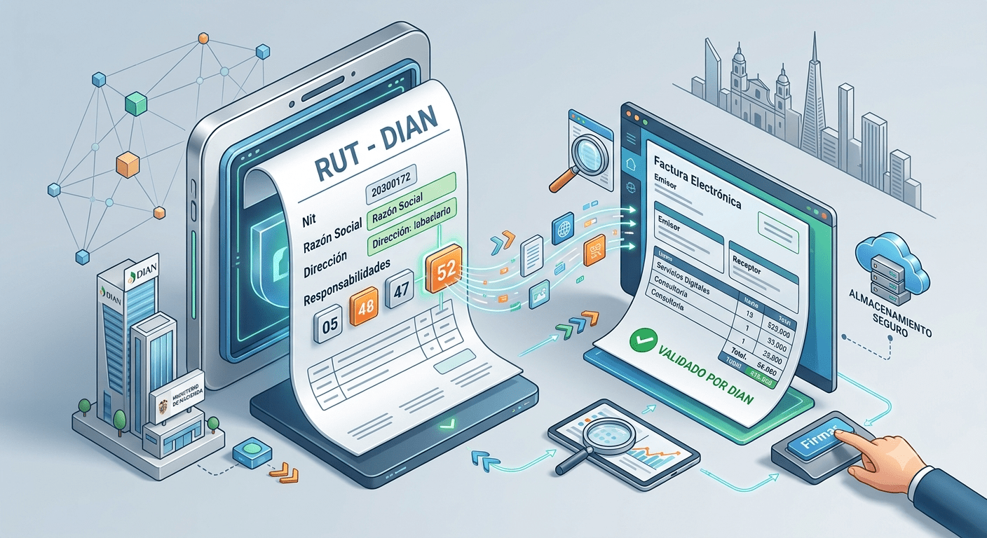 Ilustración digital sobre obligaciones del RUT para factura electrónica en Colombia, mostrando un documento del RUT con los códigos de responsabilidad 52, 48, 47 y 05 conectándose a una pantalla con una factura digital validada por la DIAN.